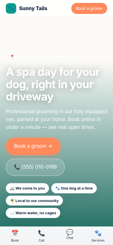 Client booking screen for the sample business Sunny Tails